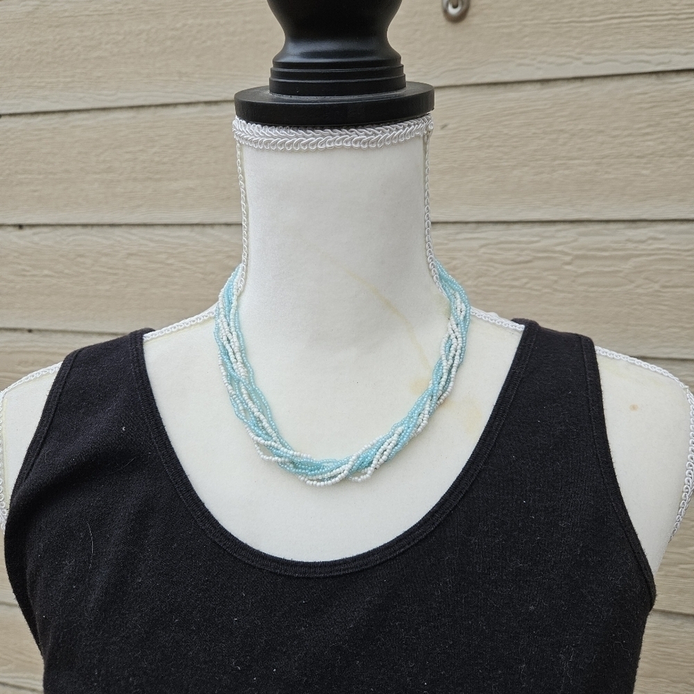 light blue and white multi-strand seed bead necklace